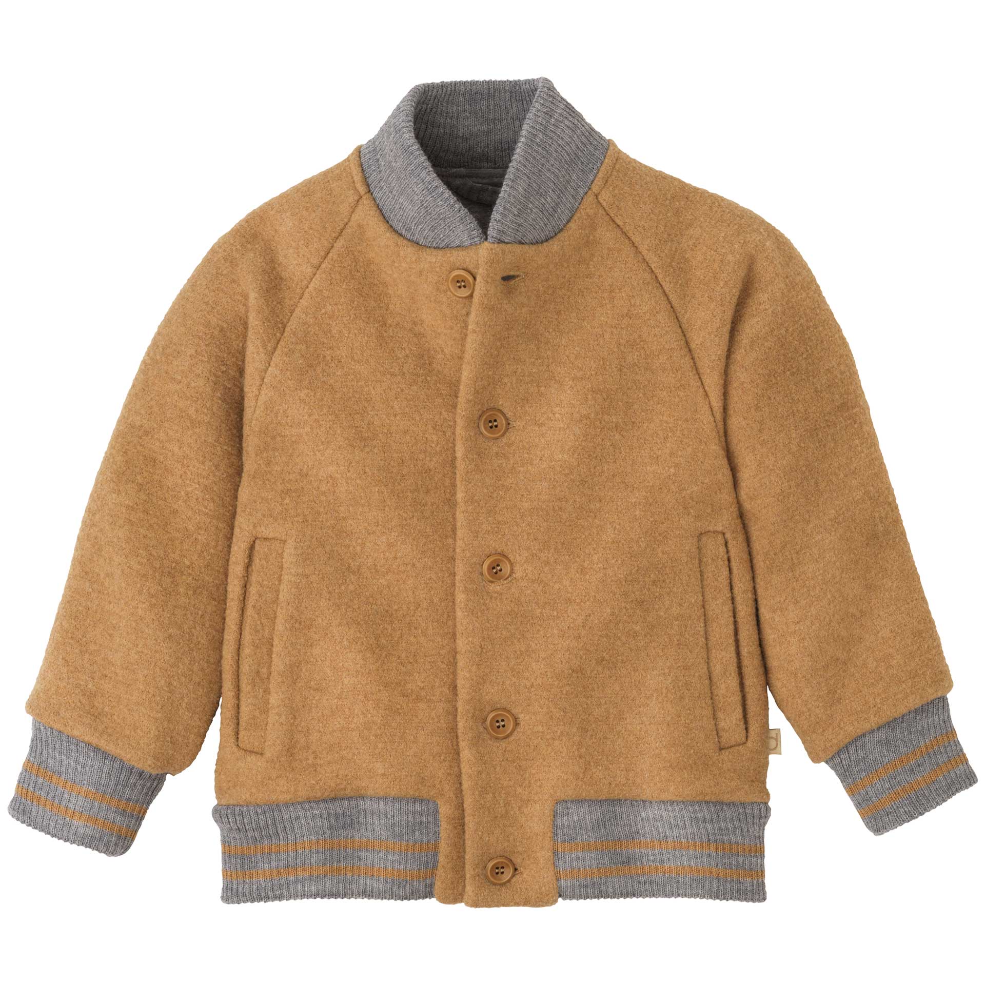 disana College-Jacke Karamell mit Raglanärmeln, Knopfleiste & grauen Strickbündchen. Am Leib gefüttert, 100% Bio-Merinowolle